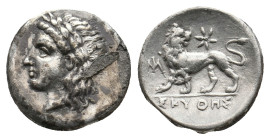 IONIA. Miletos. (Circa 340-325 BC). Skythes, magistrate. AR Hemidrachm
Obv: Laureate head of Apollo left.
Rev: ΣΚΥΘΗΣ.
Lion standing left, head right;...
