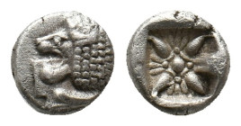 IONIA, Miletos. (Late 6th-early 5th centuries BC).AR Obol or Hemihekte.
Obv: Forepart of lion right, head left.
Rev: Stellate floral design; all wit...