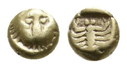 IONIA, Miletos. (Circa 600-546 BC.) EL 1/48 Stater.
Obv:Facing head of lion.
Rev:Scorpion within incuse square.
SNG Kayhan 925
Condition: Fine.
Weight...