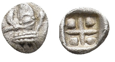 IONIA. Phocaea, AR Tetartemorion.
Obv: Head of griffin right, one forepaw raise...