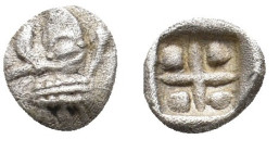 IONIA. Phocaea, AR Tetartemorion.
Obv: Head of griffin right, one forepaw raised, double line as neck truncation.
Rev: Quadripartite incuse with lea...