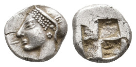 IONIA. Phokaia. (Circa 521-478 BC). AR Diobol.
Obv: Archaic female head left, wearing earring and helmet or close fitting cap.
Rev: Incuse square.
SNG...