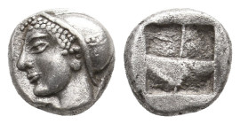 IONIA. Phokaia. (Circa 521-478 BC). AR Diobol.
Obv: Archaic female head left, wearing earring and helmet or close fitting cap.
Rev: Incuse square.
...