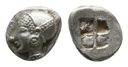IONIA. Phokaia. (Circa 521-478 BC). AR Diobol.
Obv: Archaic female head left, wearing earring and helmet or close fitting cap.
Rev: Incuse square.
SNG...