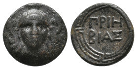 IONIA. Priene. (Circa 3rd-2nd century BC). AE .
Obverse: Head of Athena facing.
Reverse: Bias-, magistrate, “ΓPIH BIAΣ” within circular maeander pat...
