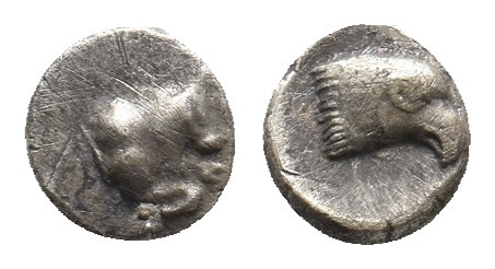 IONIA. Uncertain. (5th century BC). AR Tetartemorion.
Obv: Forepart of bull rig...