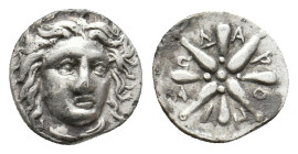 SATRAPS OF CARIA. Halikarnassos. Pixodaros. AR Trihemiobol (Circa 341/0-336/5 BC).
Obv: Laureate head of Apollo facing slightly right.
Rev: ΠIΞΩΔAPO.
...