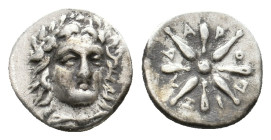 SATRAPS OF CARIA. Halikarnassos. Pixodaros. AR Trihemiobol (Circa 341/0-336/5 BC).
Obv: Laureate head of Apollo facing slightly right.
Rev: ΠIΞΩΔAPO.
...