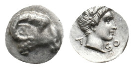 CARIA. Kasolaba. Hemiobol (4th century BC).
Obv: Head of ram right.
Rev: Head of youth right; carian letters below chin and behind.
Cf. SNG Kayhan 994...
