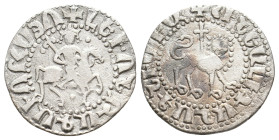 ARMENIA. Levon II AR Tram. (1270-1289 AD).
Obv: Levon on horseback; holds patriarchal cross, + in field, abbreviated name
Rev: Crowned lion facing r...