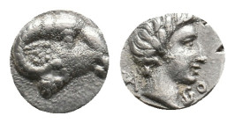 CARIA. Kasolaba. Hemiobol (4th century BC).
Obv: Head of ram right.
Rev: Head of youth right; carian letters below chin and behind.
Cf. SNG Kayhan ...