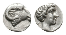 CARIA. Kasolaba. Hemiobol (4th century BC).
Obv: Head of ram right.
Rev: Head of youth right; carian letters below chin and behind.
Cf. SNG Kayhan ...