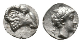 CARIA. Kasolaba. Hemiobol (4th century BC).
Obv: Head of ram right.
Rev: Head of youth right; carian letters below chin and behind.
Cf. SNG Kayhan 994...