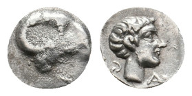 CARIA. Kasolaba. Hemiobol (4th century BC).
Obv: Head of ram right.
Rev: Head of youth right; carian letters below chin and behind.
Cf. SNG Kayhan 997...