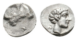 CARIA. Kasolaba. Hemiobol (4th century BC).
Obv: Head of ram right.
Rev: Head of youth right; carian letters below chin and behind.
Cf. SNG Kayhan ...