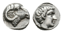 CARIA. Kasolaba. Hemiobol (4th century BC).
Obv: Head of ram right.
Rev: Head of youth right; carian letters below chin and behind.
Cf. SNG Kayhan 997...