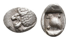 CARIA. Mylasa. (Circa 420-390 BC). AR Tetartemorion.
Obv: Head of roaring lion left.
Rev: Bird standing left; pellet to upper right and lower left; al...
