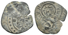 SALDUQIDS. 'IZZ AL-DIN SALTUQ, 1129-1168 AD /523-563 AH. Fals.
Obv: Large cross in circle; in outer margin, pellets.
Rev. Izz al-Din' legend in Arabic...