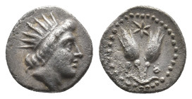 CARIA. Mylasa. (Circa 333-304 BC). AR Diobol.
Obv: Radiate head of Helios right. 
Rev: R-O to left and right of two rose-buds (resembling corn-ears), ...