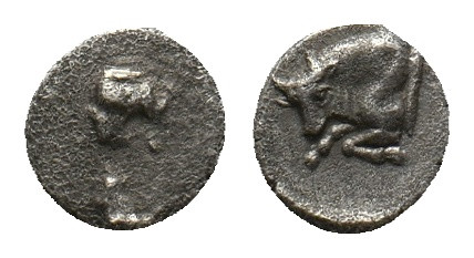 CARIA. Uncertain. (Circa 387-377 BC). AR Hemiobol
Obv: Confronted foreparts of ...