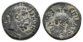 LYDIA, Sala (AD 193-217). AE. Alexandros, magistrate.
Obv: CAΛHNΩN
Laureate, bearded head of Herakles right.
Rev: EΠI AΛEΞANΔΡOY
Bunch of grapes
...
