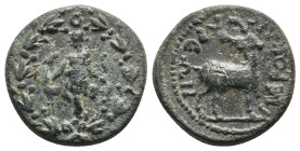 LYDIA, Hierocaesareia (AD 54-138). AE. 
Obv: Artemis standing front, looking left, holding bow, her right hand on the neck of a stag standing left beh...