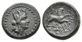 PHRYGIA. Amorion. (2nd-1st century BC). Ae.
Obv:Turreted head of Tyche, right.
Rev:ΑΜΟΡΙΑΝΩΝ ΚΛƐΑΡ.
Lion leaping on kerykeion right ; monogram to l...
