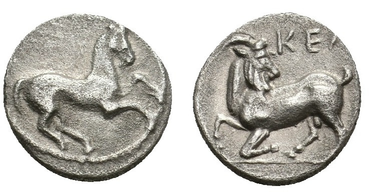CILICIA. Kelenderis. Obol (3rd century BC).
Obv: Horse rearing right.
Rev: KE.
G...