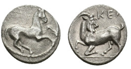 CILICIA. Kelenderis. Obol (3rd century BC).
Obv: Horse rearing right.
Rev: KE.
Goat kneeling left, head right.
Göktürk 8; SNG BN 116-7; SNG Levante 29...