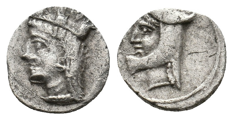 CILICIA. Uncertain. (4th century BC). AR Obol.
Obv: Turreted and draped bust of...