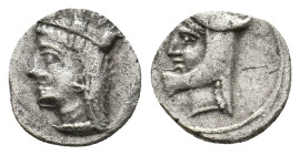 CILICIA. Uncertain. (4th century BC). AR Obol.
Obv: Turreted and draped bust of Tyche left.
Rev: Head of satrap left, wearing bashlyk, star in upper...