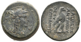 SELEUKID KINGDOM. Antiochos IV Epiphanes (175-164 BC). Ae. Antioch on the Orontes. "Egyptianizing" series.
Obv: Head of Isis right, wearing tainia.
...