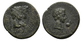KINGS OF THRACE (Sapean). Rhoemetalces I & Pythodoris, with Augustus (Circa 11 BC-12 AD). Ae.
Obv: ΒΑΣΙΛΕΩΣ ΡΟΙΜΗΤΑΛΚΟV.
c/m's: capricorn and Nike s...