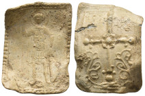 ANCIENT BYZANTINE LEAD BADGE.
Obv: OA ΓΕOPΓH M.
Sint George standing facing with spear, nimbus and shield.
Rev: IC - XC / NI - KA.
Decorated large cro...