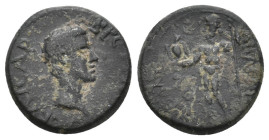 AEOLIS, Aegae. Britannicus, 41-55 AD. AE. 3.05 g. 16.4 mm.
Obv: ΒΡƐΤΑΝΝΙΚΟϹ ΚΑΙϹΑΡ.
Bare head of Britannicus, right.
Rev: Zeus standing, left, head fa...