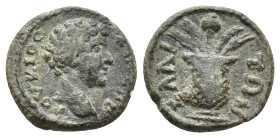 AEOLIS. Elaea. Marcus Aurelius AD 139-161. AE.
Obv: ΛOYKIOC KAICAP
Bare head of Marcus Aurelius to right.
Rev: EΛAITΩN
Basket containing two poppy...