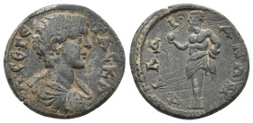 LYDIA, Daldis. Geta AD 198-209. AE.
Obv: Λ CE ΓETAC KA
Bare-headed, draped and cuirassed bust right.
Rev: ΔΑΛΔIANΩN
Herm of Herakles left, loins drape...