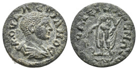 LYDIA. Thyateira. Valerian II AD 256-258. AE.
Obv: K OYAΛΕΡIANOC
Bare-headed, draped and cuirassed bust right.
Rev: ΘYATEIΡHNΩN
Apollo standing le...