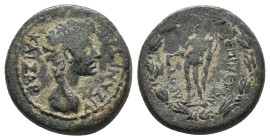 PHRYGIA, Aizanis. Tiberius or Augustus. AE.
Obv: KAIΣAP AIZANITΩN
Bare head right.
Rev: EΠI MENAN-ΔΡOY
Naked Hermes standing facing, head left, ho...
