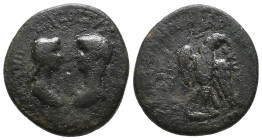 PHRYGIA. Apamea. Nero with Agrippina II (54-68). Ae. Marios Kordos, magistrate.
Obv: ΝΕΡΩΝ ΚΑΙΣΑΡ ΣΕΒΑΣΤΟΣ ΑΓΡΙΠΠΙΝΑ ΣΕΒΑΣΤΗ.
Draped bust of Agrippi...