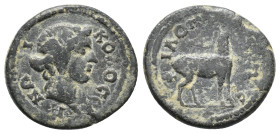 PHRYGIA.Colossae. AD 136-161. Philopappos, magistrate.
Obv: KOΛOCCHNΩN
Head of Dionysus right, wreathed with ivy. 
Rev: ΦΙΛΟΠΑΠΠOC
Stag standing right...