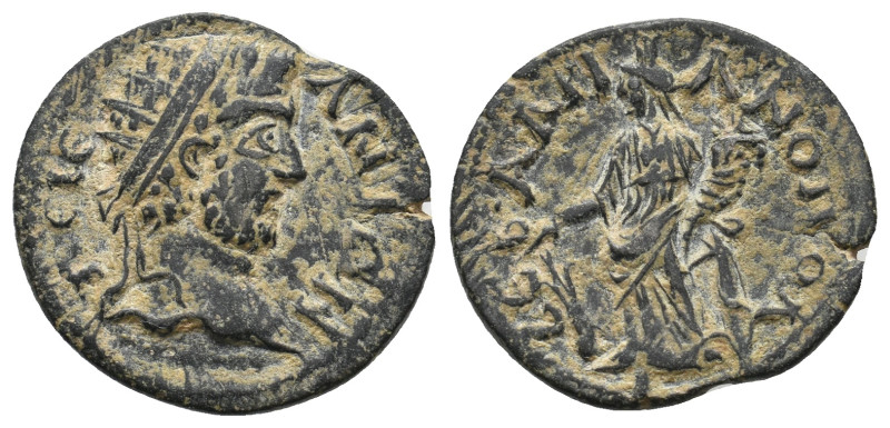 PHRYGIA. Eumeneia. AD 193-211.
Obv: ΔHMOC EYMENEΩN
Bare head of Demos right, t...