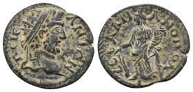 PHRYGIA. Eumeneia. AD 193-211.
Obv: ΔHMOC EYMENEΩN
Bare head of Demos right, two curls behind head
Rev: ΓΛAYKOC
River Glaukos reclining left, hold...