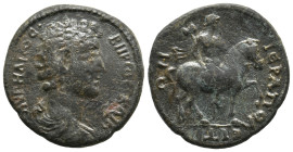 PHRYGIA. Hierapolis. Marcus Aurelius 140-161 AD. AE.
Obv: Bare-headed and draped bust right.
Rev. Apollo Tyrimnaeos, holding bipennis over shoulder,...