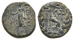 Phrygia, Laodicea ad Lycum. Time of Tiberius? (14-37). AE
Rev: ΠYΘ ΛAOΔIKEΩN.
Aphrodite standing left, holding dove.
Obv: Wolf seated left with dou...