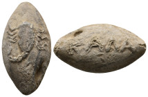 ANCIENT GREEK PB SLING BULLET. (CIRCA 4TH-1ST CENTURY BC).
Condition : See picture. No return
Weight : 29.04 g
Diameter : 32.5 mm