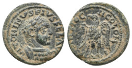 PISIDIA. Antioch. Elagabalus (AD 218-222). AE.
Obv: ANTONINVS PIVS FEL AVG
Laureate, cuirassed bust right.
Rev: ANTIOCH COLONI
Eagle standing fron...
