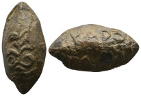 ANCIENT GREEK PB SLING BULLET. (CIRCA 4TH-1ST CENTURY BC).
Condition : See picture. No return
Weight : 28.12 g
Diameter : 31.9 mm
