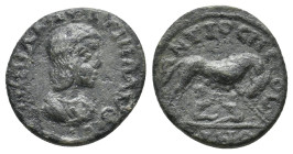 PISIDIA. Antioch. Annia Faustina (Augusta, 221). Ae.
Obv: ANNIA FAVSTINA AVG.
Draped bust right.
Rev: ANTIOCH COL / ONI.
Lupa Romana standing right, h...