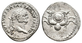 DIVUS VESPASIAN, Died 79 AD. AR, Denarius. Rome.
Obv: DIVVS AVGVSTVS VESPASIANVS.
Laureate head of Vespasian, right.
Rev: Foreparts of two capricorns ...